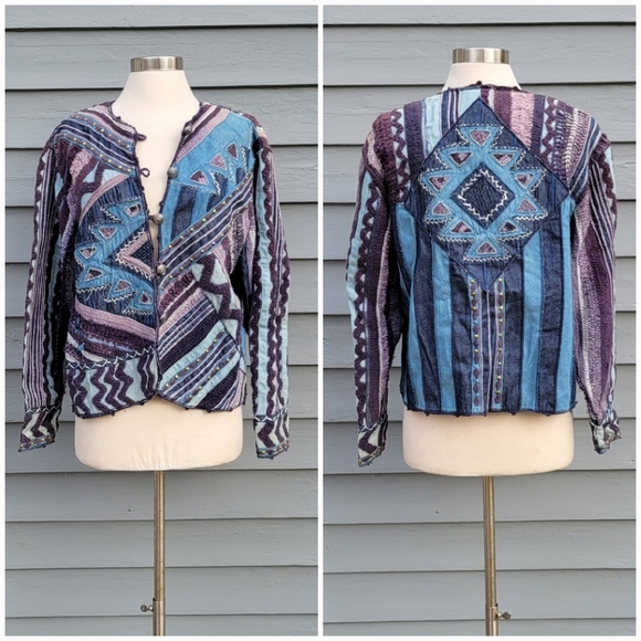 Vintage 90s y2k Denim Blue Purple Knit Crochet Studded Embroidered Jacket Md - Picture 1 of 6